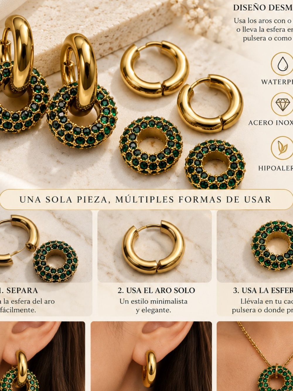 Gold Hoop Earrings with Removable Green Pave Charms